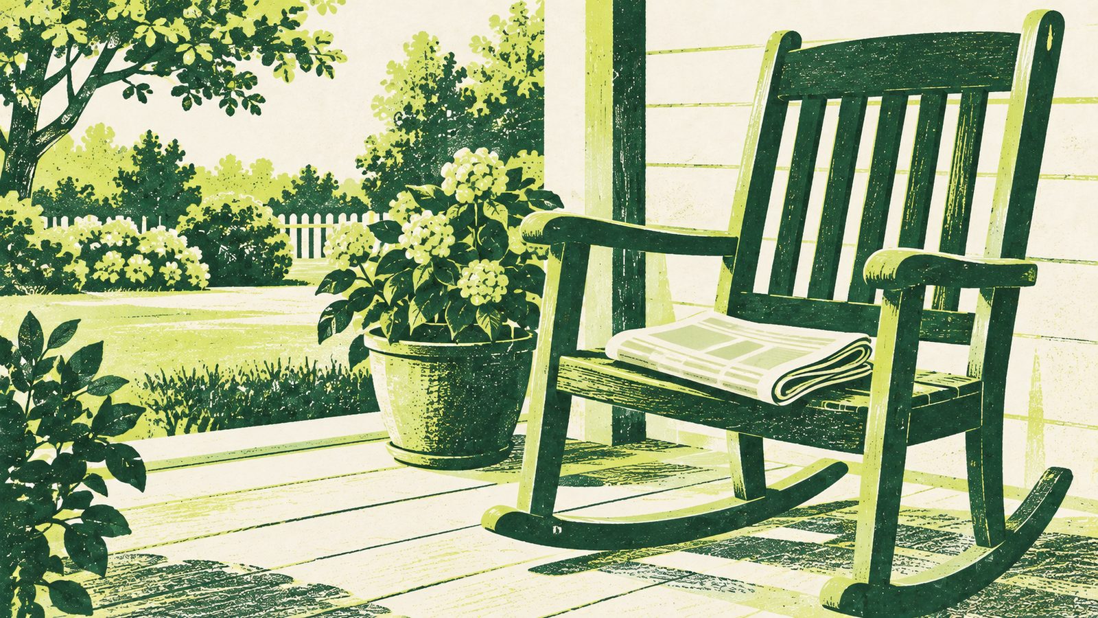 Illustration of a wooden rocking chair on a quiet porch overlooking a garden