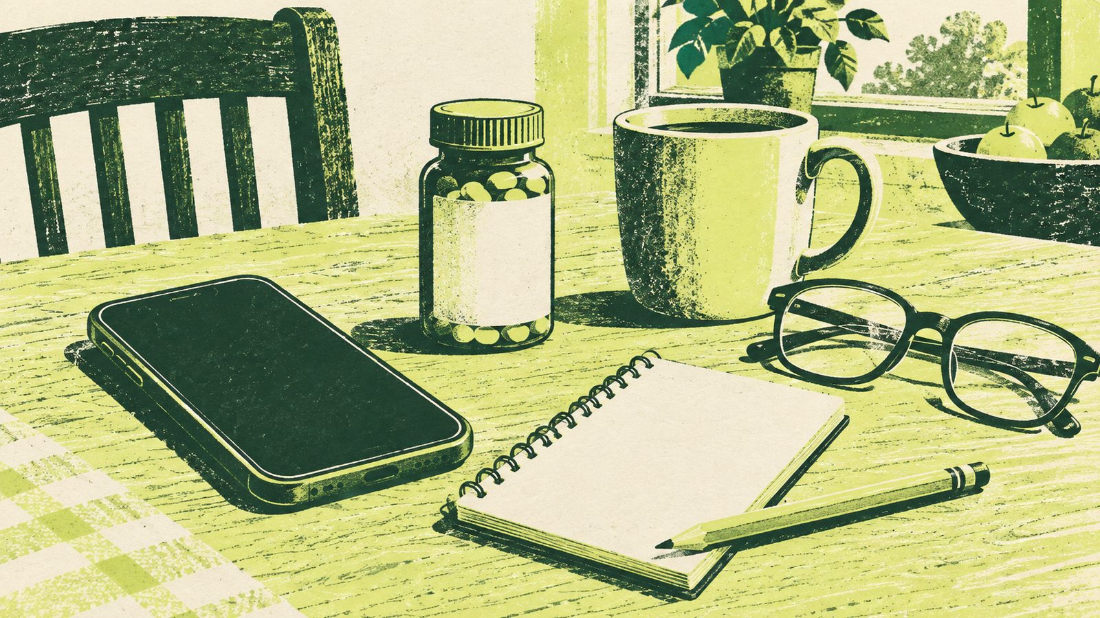 Illustration of a phone, a notepad, a pill bottle and reading glasses on a table