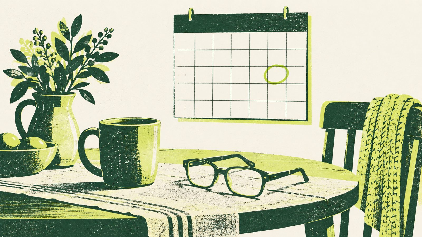 Illustration of a wall calendar with one day circled above a kitchen table with a mug and glasses