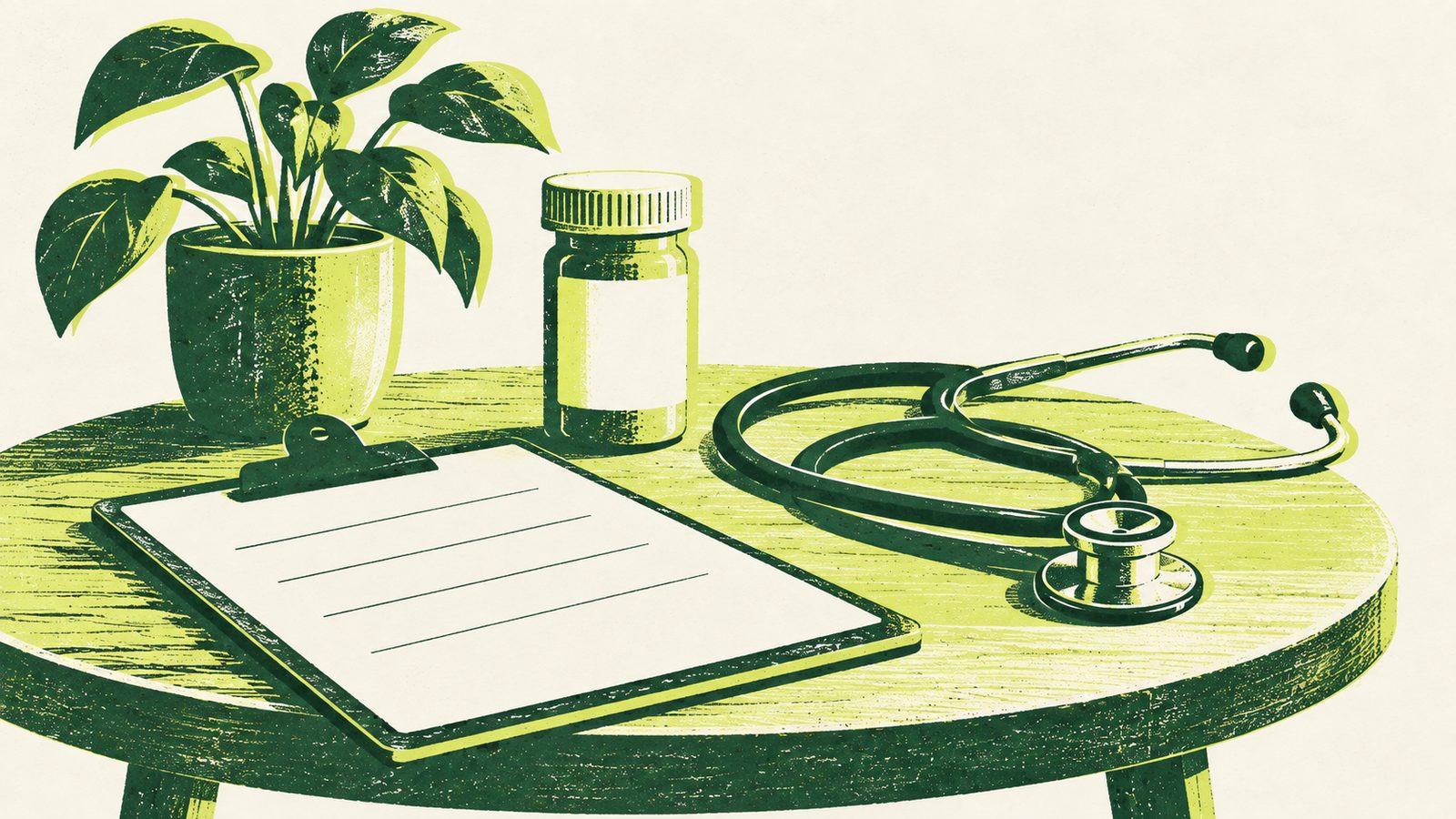 Illustration of a prescription bottle, a stethoscope and a clipboard on a side table