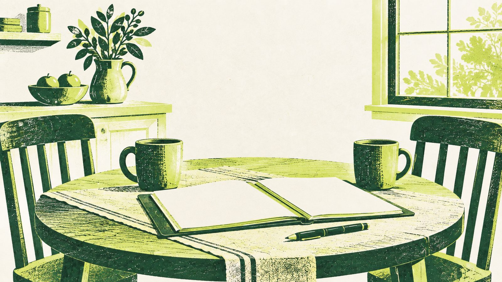 Illustration of two chairs at a kitchen table with an open folder and two coffee mugs