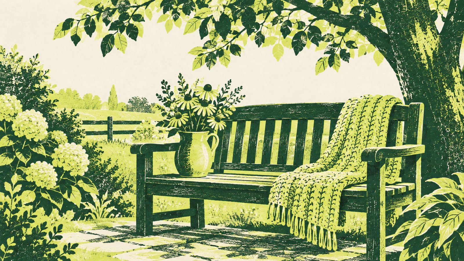Illustration of a garden bench with a folded blanket and a small vase of flowers