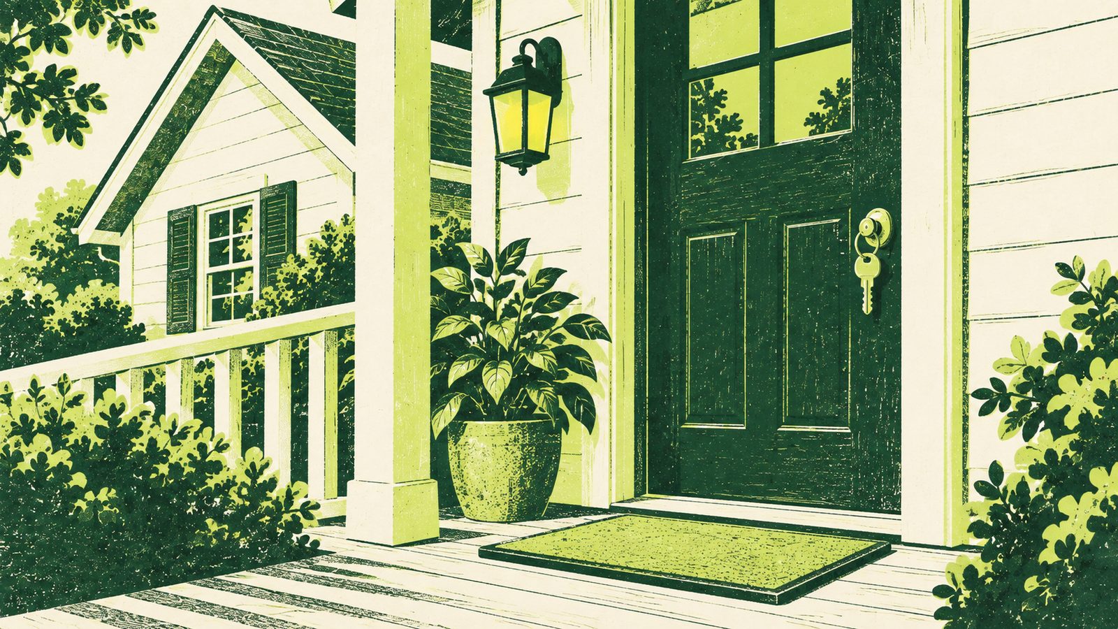 Illustration of a family home front porch with the light on and a key in the door